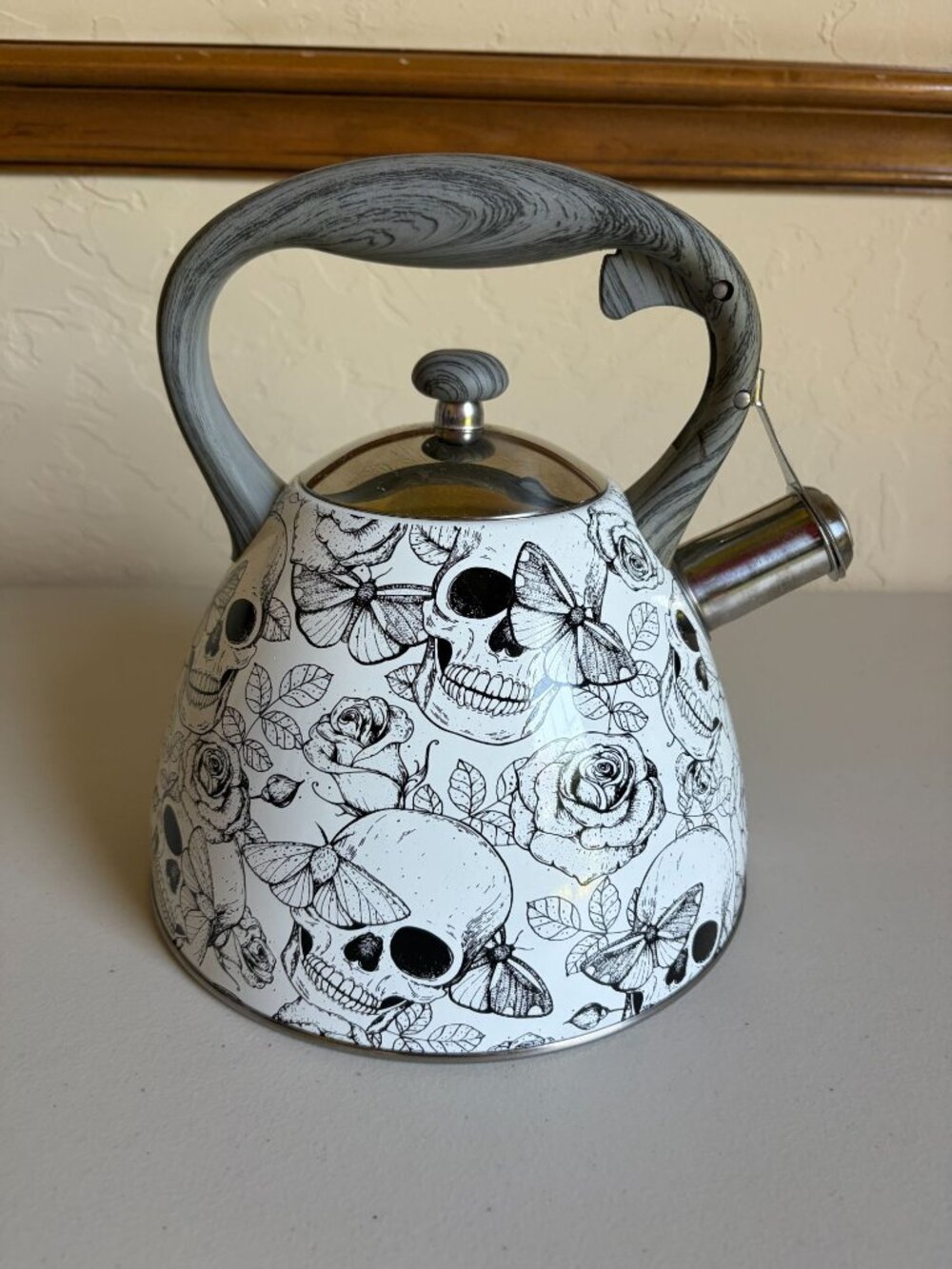 Masterclass Gothic Skull Butterfly  Teapot Whistling Metal Stove Top Black White
